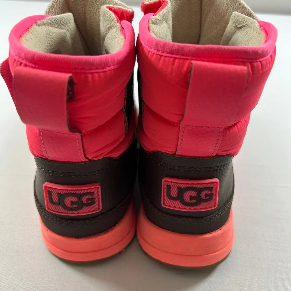 UGG Snow Boots Kids Girls Size 3 Brown Neon Pink Hook Loop Leather Winter Warm
